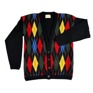Vintage Pendleton Wool Argyle Cardigan Sweater Colorful Diamond Pattern